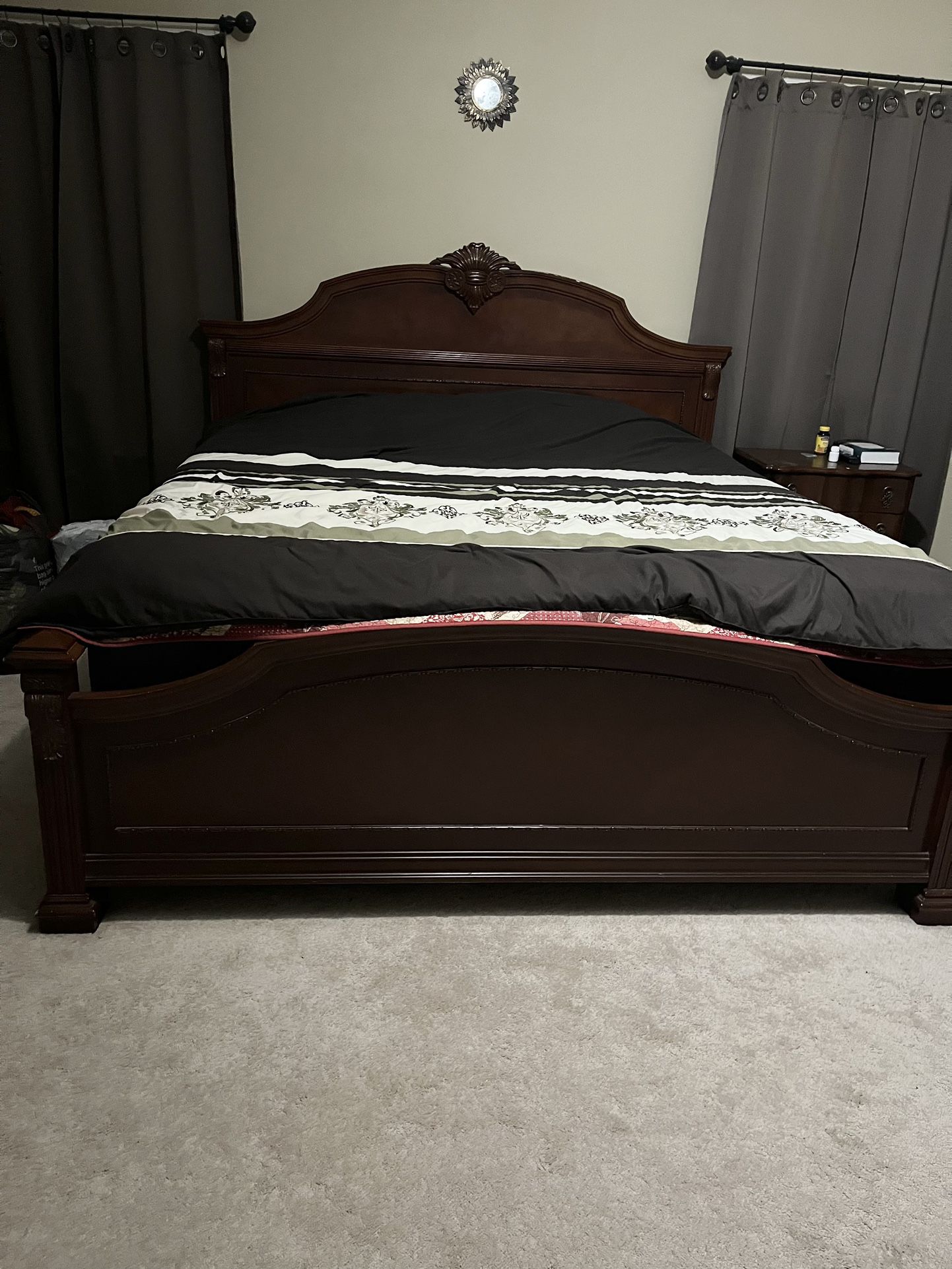Cherry King bedframe, box springs and foam mattress