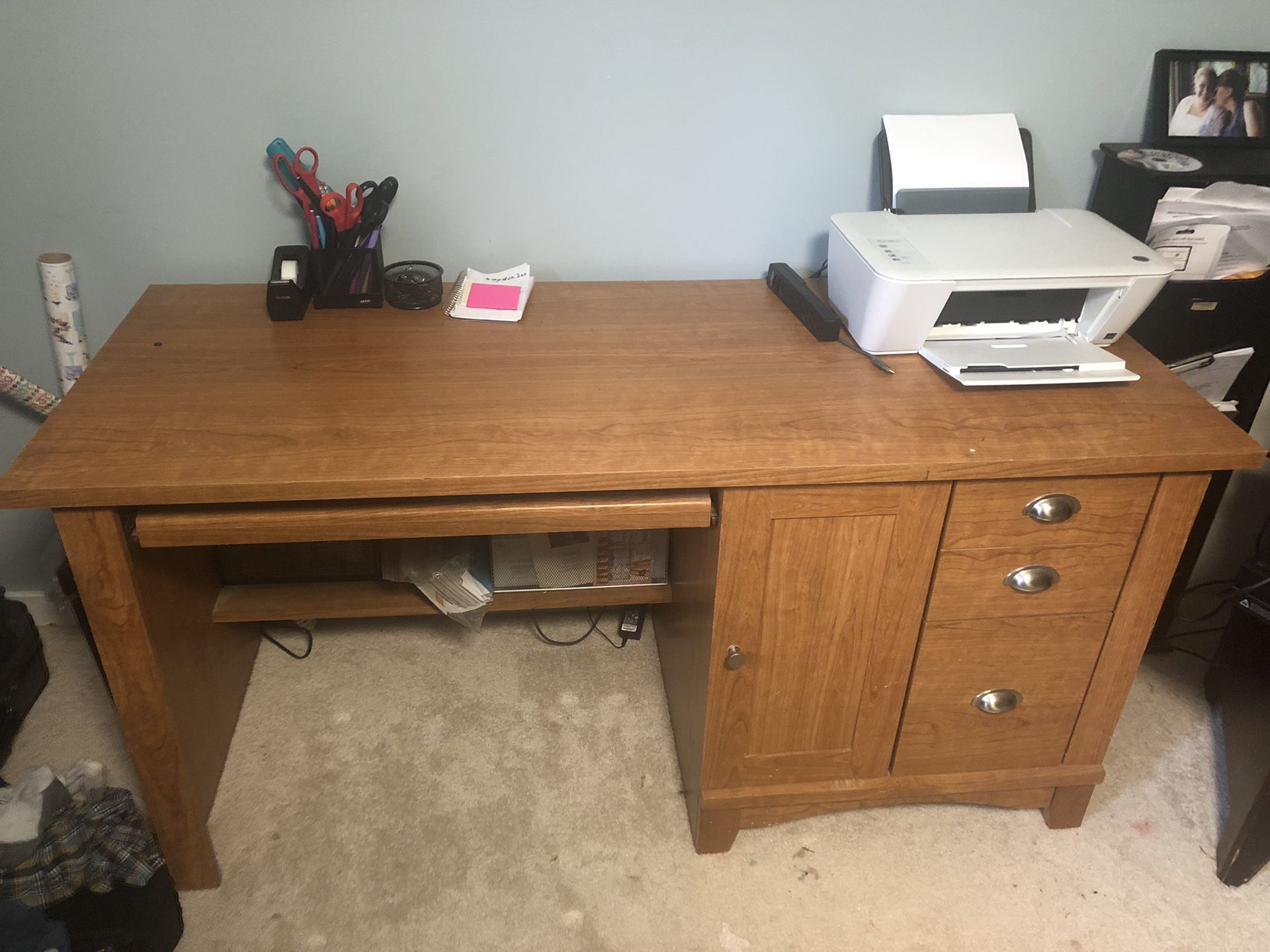 Desk with two big storage cabinets on the side and under desk shelf
