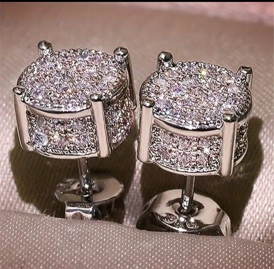 Exquisite Micro Pave 14K White Gold Plated 3D Cubic Zirconia 9mm Men Women 9mm Stud Earrings
