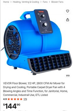 VEVOR Floor Blower, 1/2 HP, 2600 CFM Air Mover for Drying and Cooling, Portable Carpet Dryer Fan with 4 Blowing Angles and Time Function, for Janitori