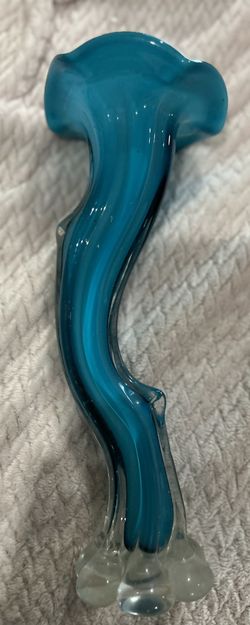 VINTAGE AQUA BLUE WHITE BUD VASE CASED GLASS Unique "Crooked" SHAPE Ruffled Lip