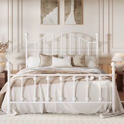 Queen Size Metal Bed Frame with Iron-Art Headboard and Footboard, 12" Under-Bed Storage Space, No Box Spring Needed, White