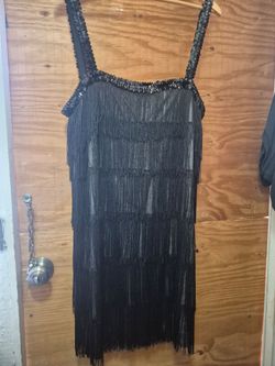 Black and Silver Flapper Halloween Dance Costume Dress Size XLARGE Fringe Party