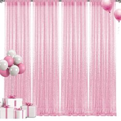 2×8FT-4PCS Pink Sequin Backdrop Curtains Panels, Photography Backdrop Glitter Curtains Fabric Background for Christmas Wedding Party Decor