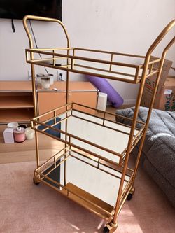 Gold Metal Bar Cart with Mirrored Shelves