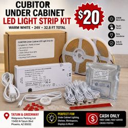 CUBITOR Under Cabinet LED Light Strip Kit – 32.8FT COB Lighting – Complete Kit – $20