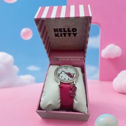 Hello Kitty Watch Silver Crystal Bezel Pink Bow Charm Leather Strap Running New