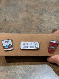 Drinks well with others Am and PM pins. 