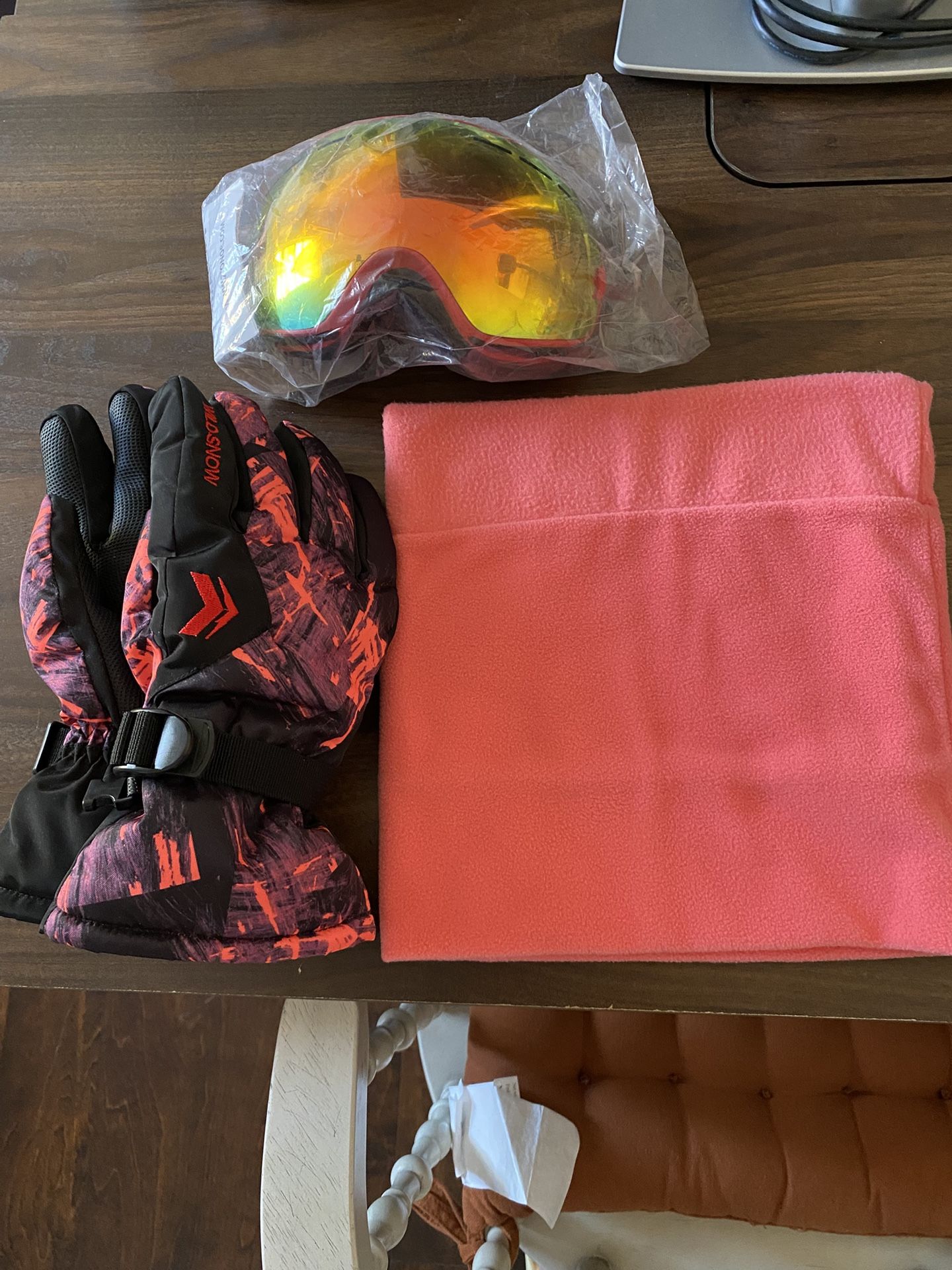 Skiing Glasses, Gloves, And Neck Protector
