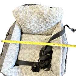 New Dog car seat small to medium.  Dark gray and light gray in color Thick bed cushion, clip on safety leash and straps around seat of car or just use