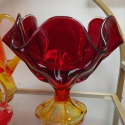 Vintage LE Smith Amberina Glass Pedestal Bowl