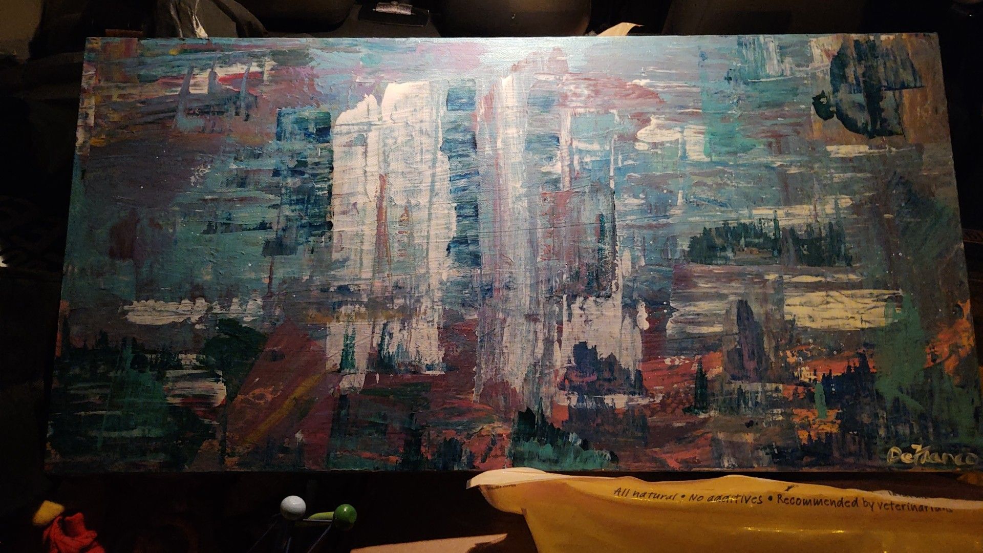 Canvas cityscape (it is interpretive I my wife thinks it looks like a mountain or State Park)