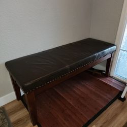 Bench Leather Top Wood Legs Metal Studs