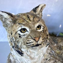 22"x12" Museum-Quality Handcrafted Ceramic Sculpture Of Bobcat by The Townsends