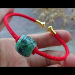 107878 VS Certified JADEITE Jade Hand Carved Red String Green Circle Flower Beads Bangle 