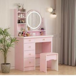 Pink Vanity Set with Mirror, Stool, Drawers and Storage Shelves