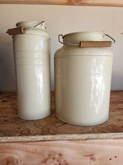 Ikea Retired Socker Milk Cans Set of 2 w/ Wooden Handles