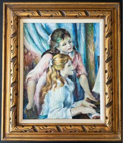 Vintage Textured Oil Painting Canvas Women at Piano Ornate Gold Frame 20x16