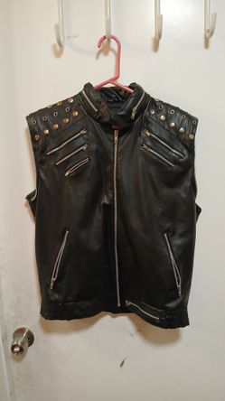 Men's Black Leather Silver Biker Punk Vest size small