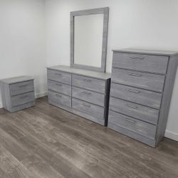 DRESSER WITH MIRROR, CHEST AND ONE NIGHTSTAND 