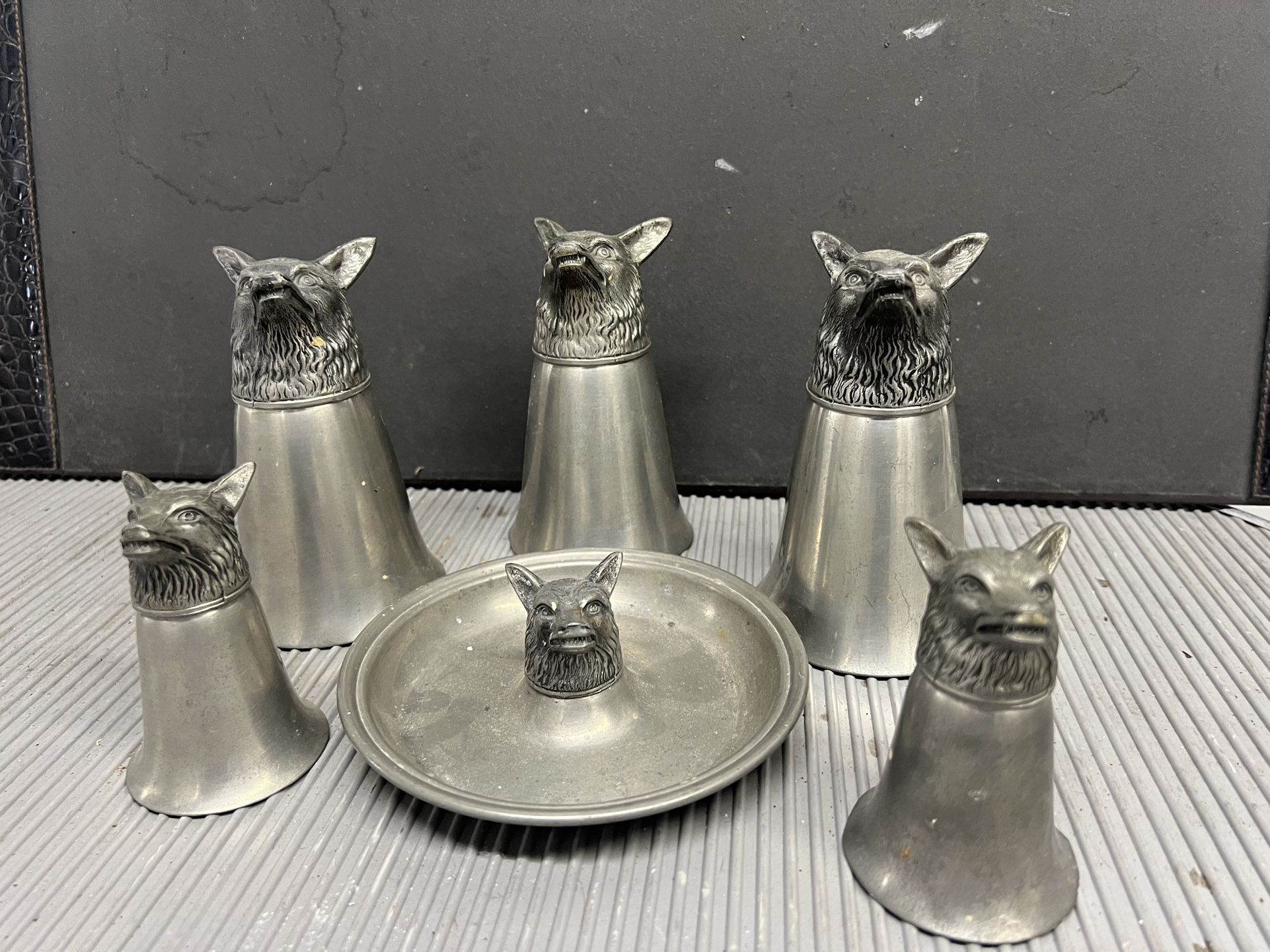 Solid Pewter, Wolf Toasting Cup Collection With Matching Round Tray