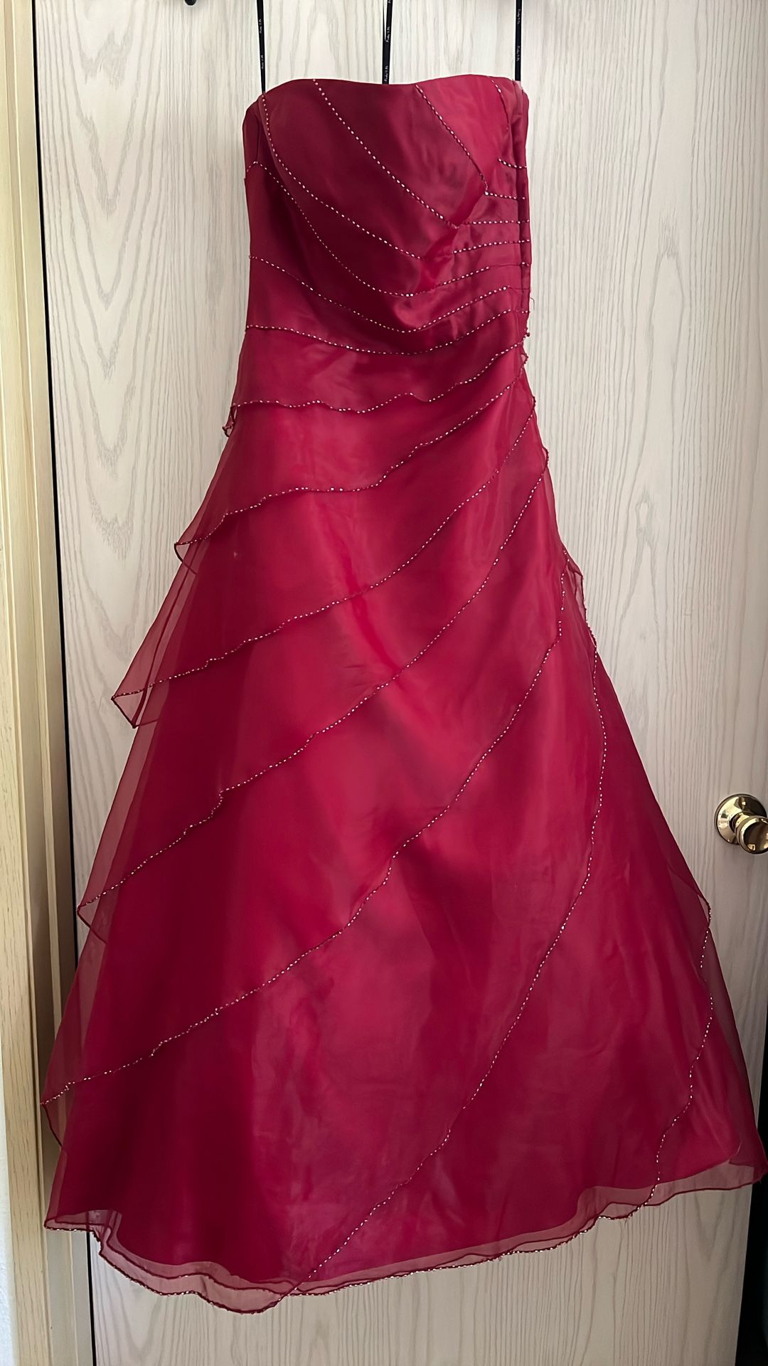 Red Beaded Sheer Formal Gown And Shoes