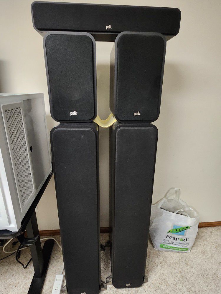 Polk Audio S60 Towers, S35 center, S20 Bookshelves. With Bose Acustimass 6 for Atmos and sub. 