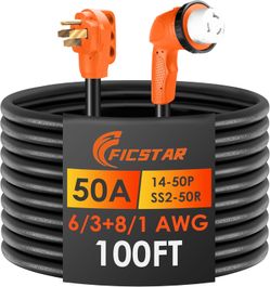 50 Amp RV Extension Cord 100 ft, Heavy Duty 6/3+8/1 SJTW AWG RV Power Cord with Grip Handle Twist Lock, NEMA 14-50P to SS2-50R with LED Indicator 100F