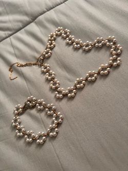 Pearl Bead Gold Chain Necklace and Bracelet Set