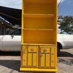 OLD YELLER Solid Wood Cabinet Hutch – Hand-Painted Yellow Folk Style – $95