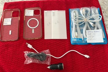 Twelve (12) Iphone accessories: 2 tempered glass (XR), 1 rubber case iPhone 14 Promax, 1 rubber case Iphone 14 Plus, 2 USB car chargers (double). 4 iP