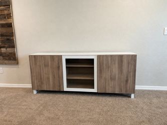 IKEA BESTÅ TV Stand / Media Console – White Stained Oak Effect + White Glass Top