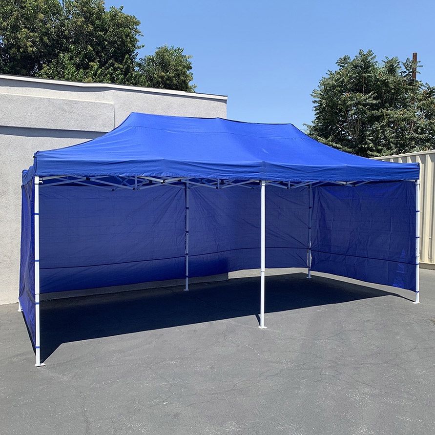 (NEW) $225 Heavy Duty 10x20 ft Canopy with (4 Sidewalls), Outdoor Patio Pop Up Tent Gazebo, Blue/White