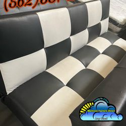 Black & White Foldable Futon Bed Checkered Style Faux Leather 