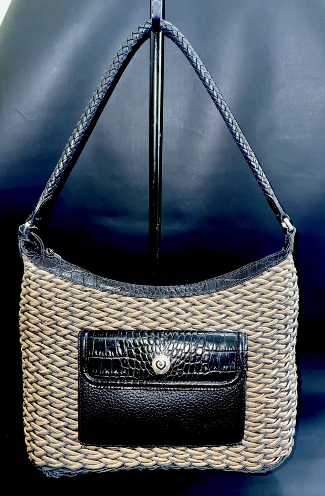 Brighton Womens Black Brown Raffia Basket Weave Straw Leather Shoulder bag 