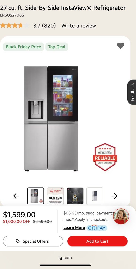 27 Cu Ft Side By Side Instaview Refrigerator 