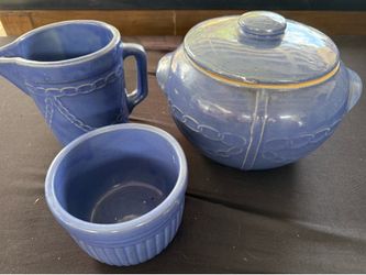 Blue Ceramic Pitcher, Lidded Pot, and Bowl Set