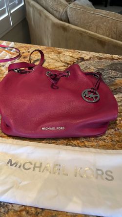Michael Kors pebble leather, dark, pink, slouchy, handbag, drawstring, and shoulder strap