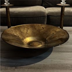 Crate & Barrel bowl & set of 2 Renaissance 12” candle holders. Made in Italy. Glass Bronze base w/ clear glass globes. Bowl has a few spots on bottom 