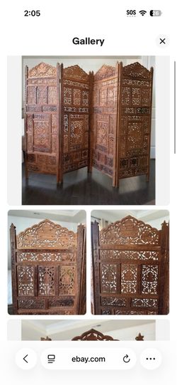 Vintage Luxury Mid Century Modern Hand Carved Teak Wood 4 Panel Screen Divider