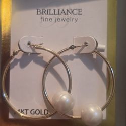 14K Solid Yellow Gold and Pearl Earrings Large Hoop Style 