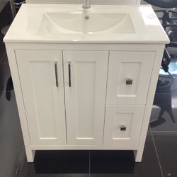 New 30” white Bathroom With Drawers, Cabinet And Shelves Ready For Pickup Today