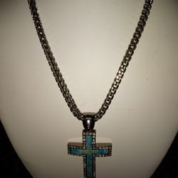 Brass Chain With Cz Diamonds And Marble Cross Charm
