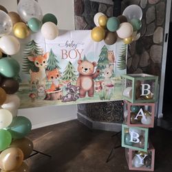 Woodland Baby Shower Banner, Boxes, Cup Cake Tier