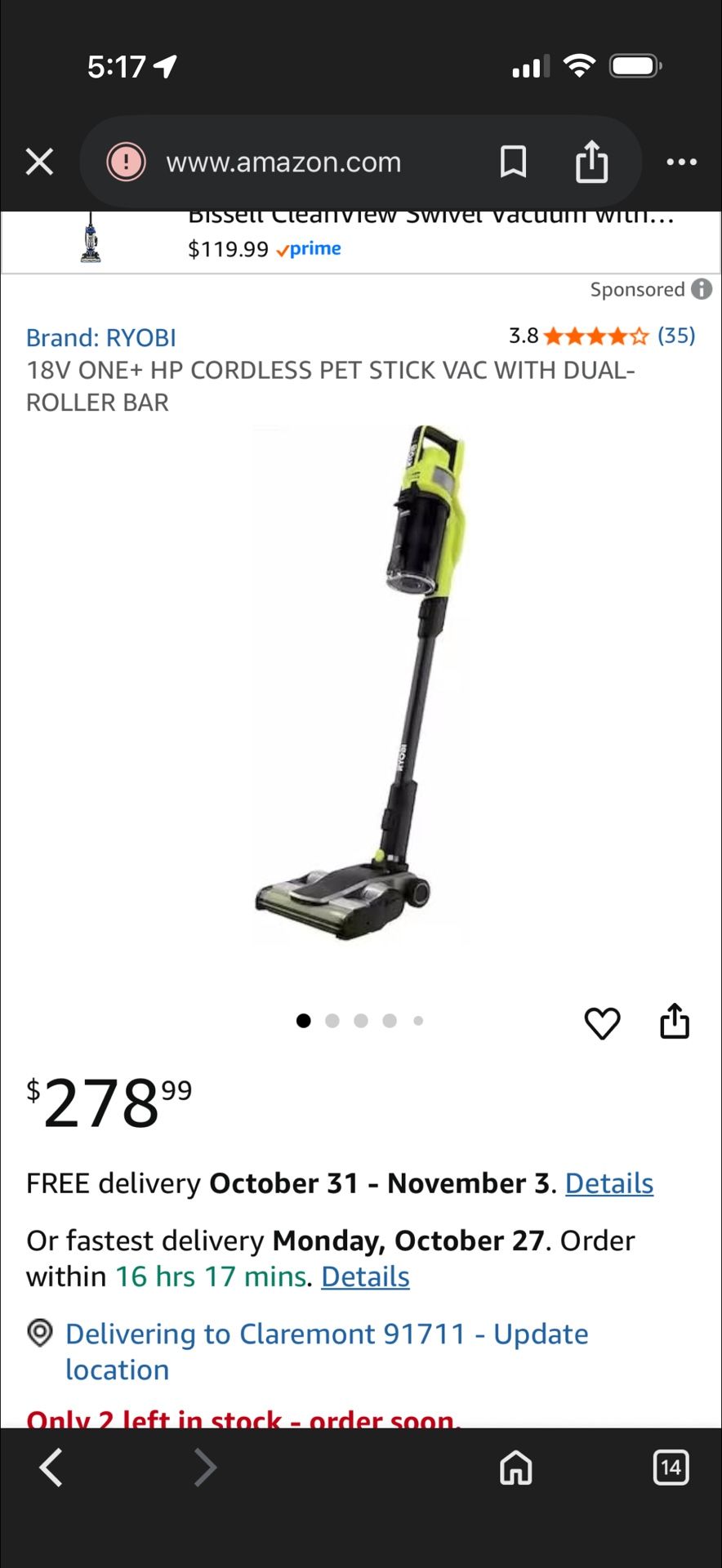 Ryobi Vacum (Tool Only )