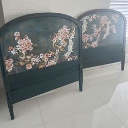 Vintage Victorian Shabby Chic King/Twin Green And Floral Bird Roses Flowers Painted Headboard