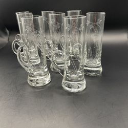 Set of 8 Vintage Etched Glass Handled Cordial Shot Glasses Floral 4" 2 Oz