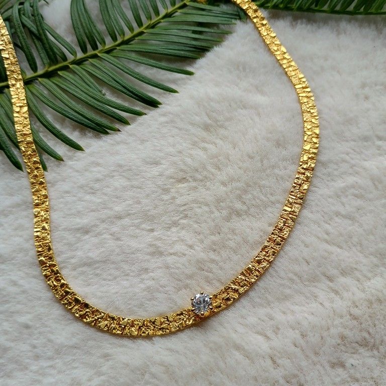 Vintage Nordstrom yellow gold tone gold nugget style chain with large CZ crystal, MCM, Y2K, 1990s, gold chain