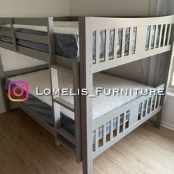 Full/Full Gray Wooden Bunk bed w. Ortho Mattresses Included 