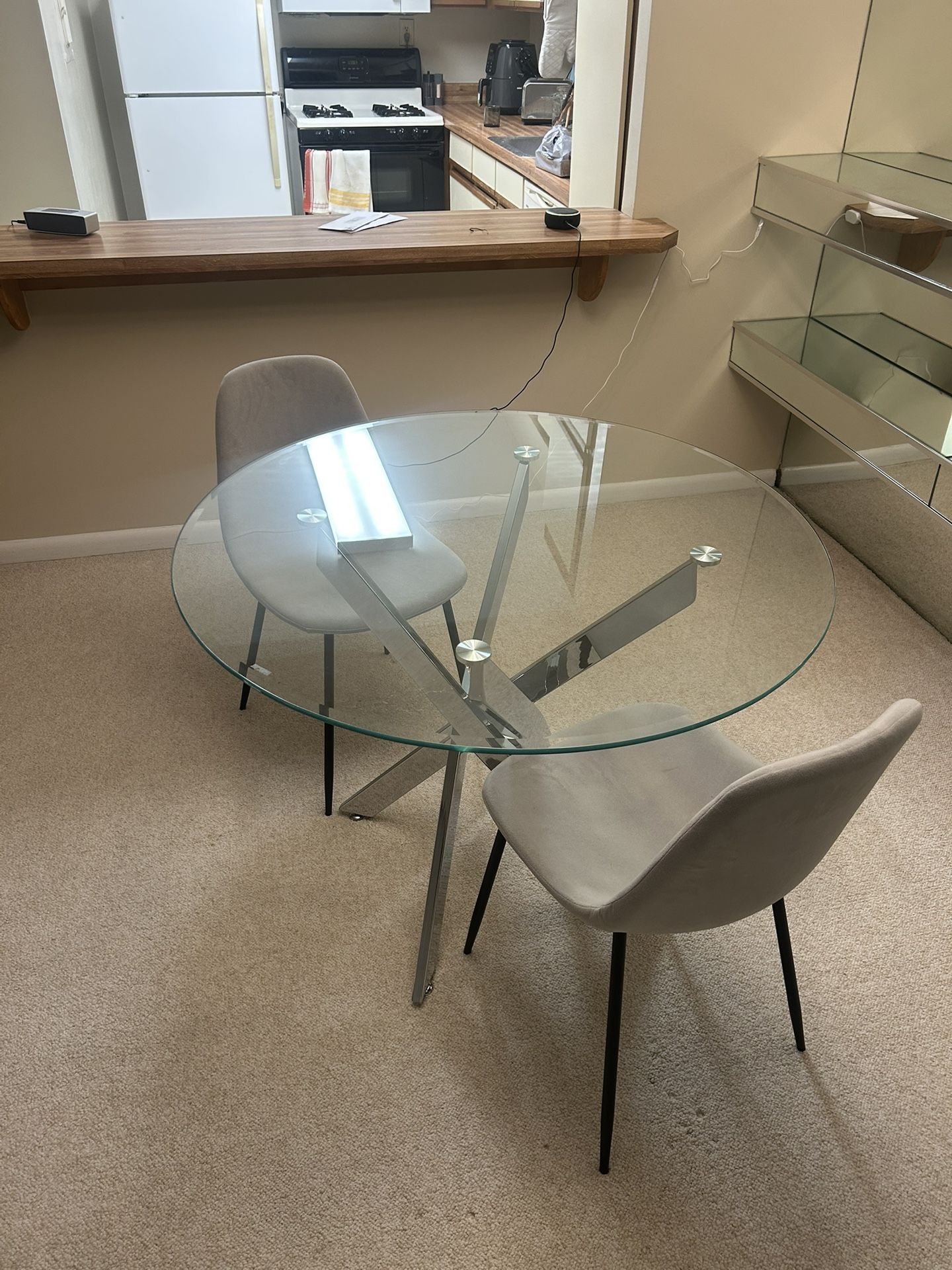 Glass And Metal Table + 2 Chairs